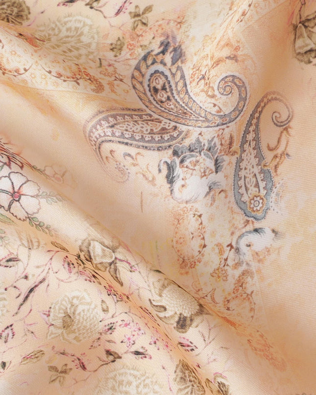 Light Peach synthetic organza fabric with multicolor print in floral design-D16744