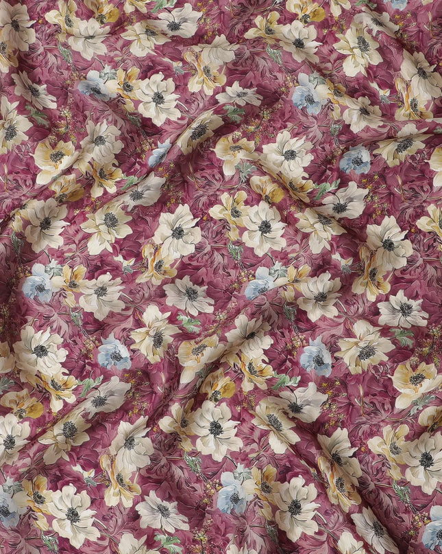 Purple synthetic organza fabric with multicolor print in floral design-D16746 Regal Fabrics