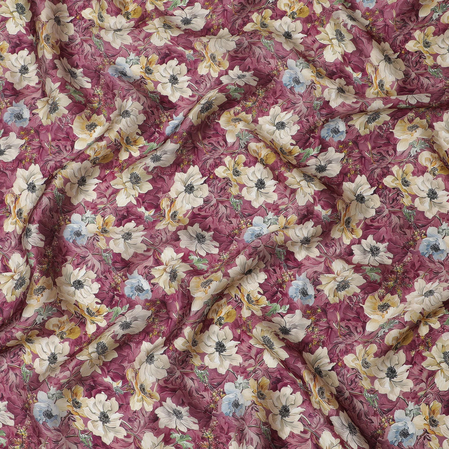 Purple synthetic organza fabric with multicolor print in floral design-D16746