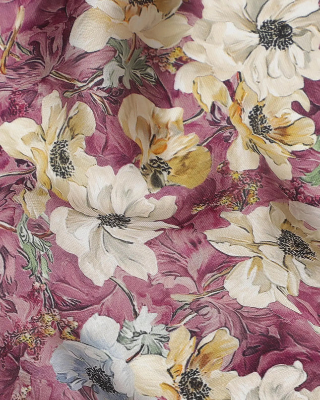 Purple synthetic organza fabric with multicolor print in floral design-D16746 Regal Fabrics