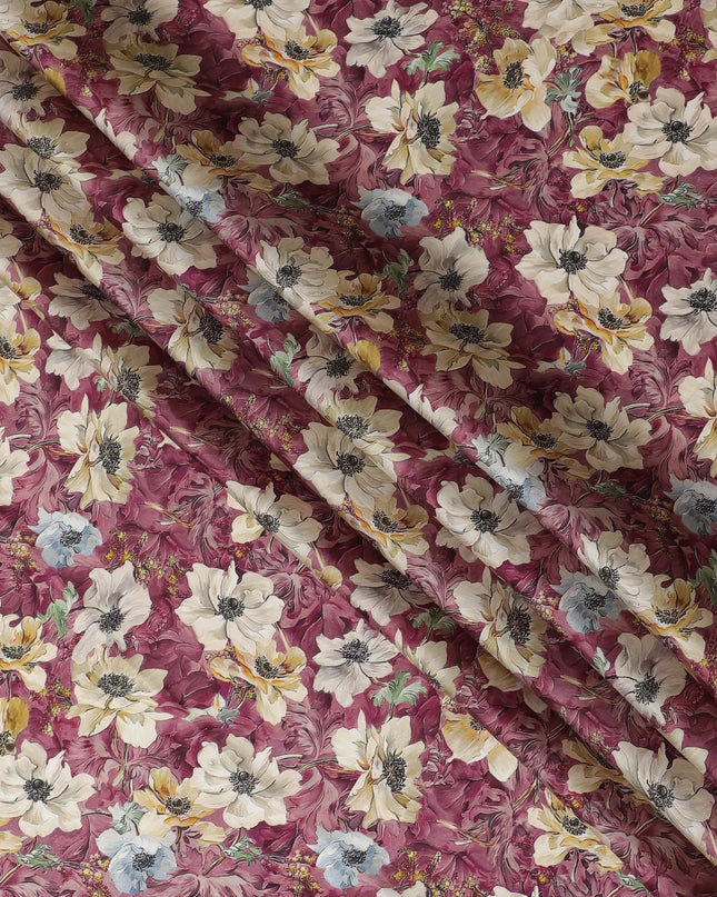 Purple synthetic organza fabric with multicolor print in floral design-D16746 Regal Fabrics
