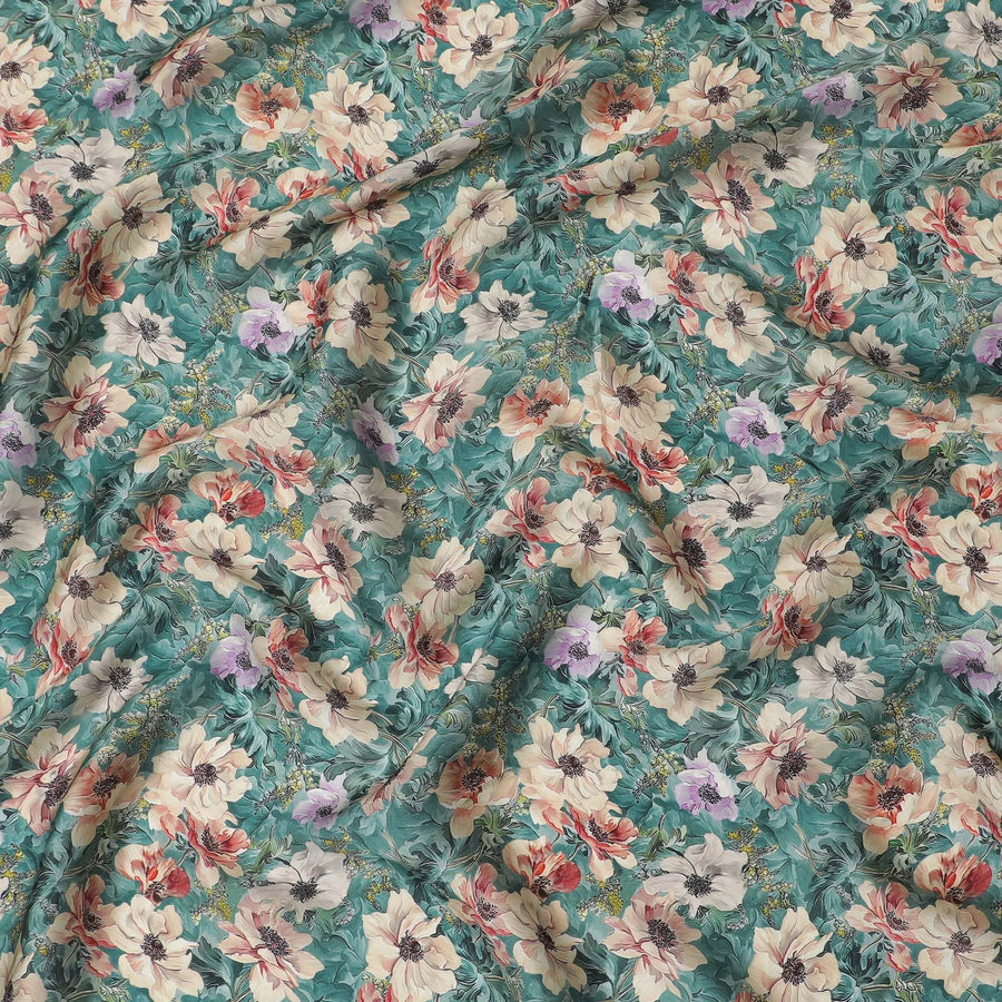 Jade green synthetic organza fabric with multicolor print in floral design-D16747 Regal Fabrics