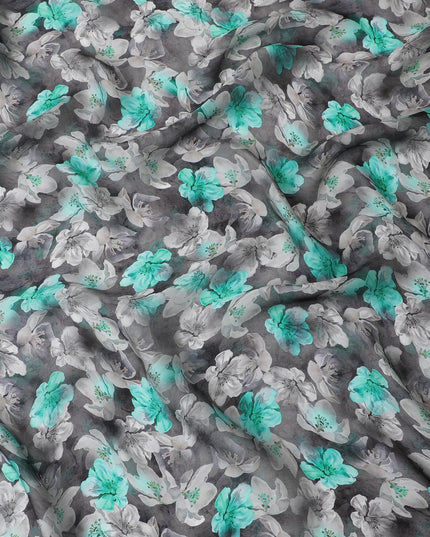 قماش الأورجانزا الصناعي باللون الرمادي الفحمي مع طباعة متعددة الألوان بتصميم الأزهار-D16752