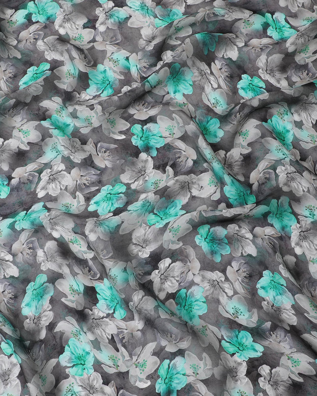 قماش الأورجانزا الصناعي باللون الرمادي الفحمي مع طباعة متعددة الألوان بتصميم الأزهار-D16752