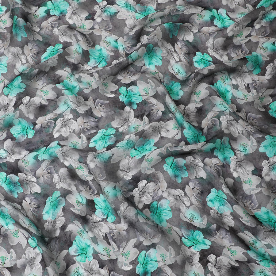قماش الأورجانزا الصناعي باللون الرمادي الفحمي مع طباعة متعددة الألوان بتصميم الأزهار-D16752