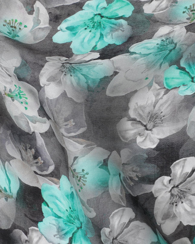 قماش الأورجانزا الصناعي باللون الرمادي الفحمي مع طباعة متعددة الألوان بتصميم الأزهار-D16752