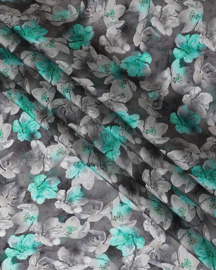 قماش الأورجانزا الصناعي باللون الرمادي الفحمي مع طباعة متعددة الألوان بتصميم الأزهار-D16752