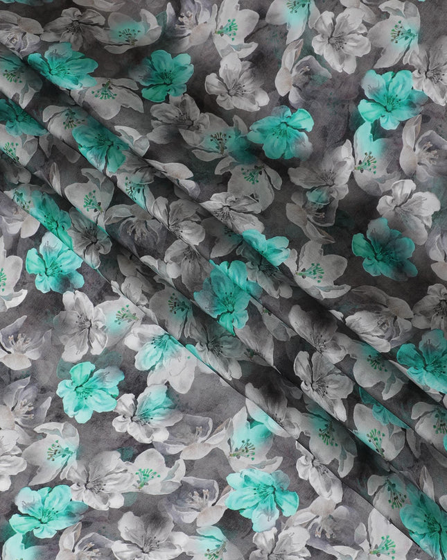 قماش الأورجانزا الصناعي باللون الرمادي الفحمي مع طباعة متعددة الألوان بتصميم الأزهار-D16752