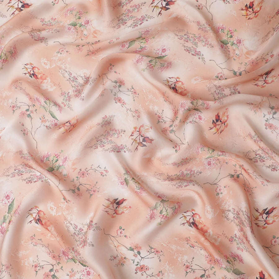 Peach synthetic organza fabric with multicolor print in floral design-D16753 Regal Fabrics