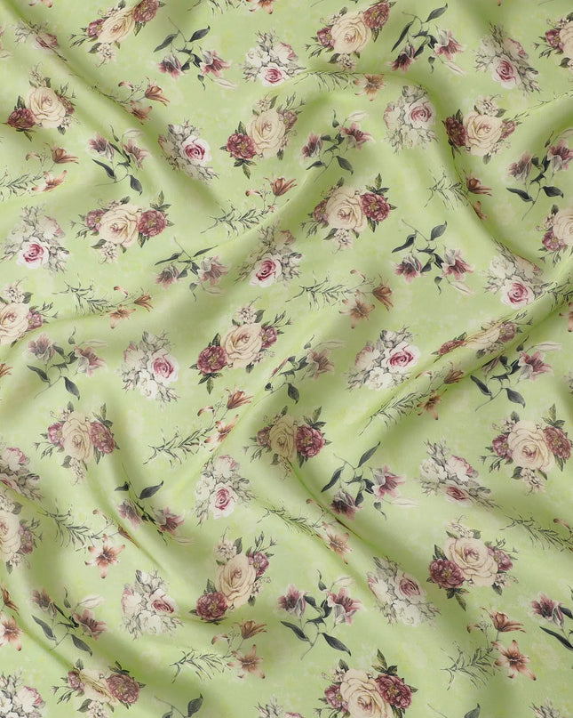 Mint green synthetic organza fabric with multicolor print in floral design-D16755 Regal Fabrics
