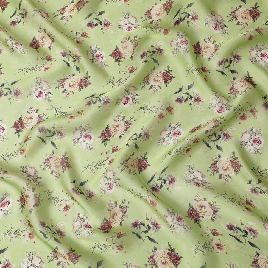 Mint green synthetic organza fabric with multicolor print in floral design-D16755 Regal Fabrics