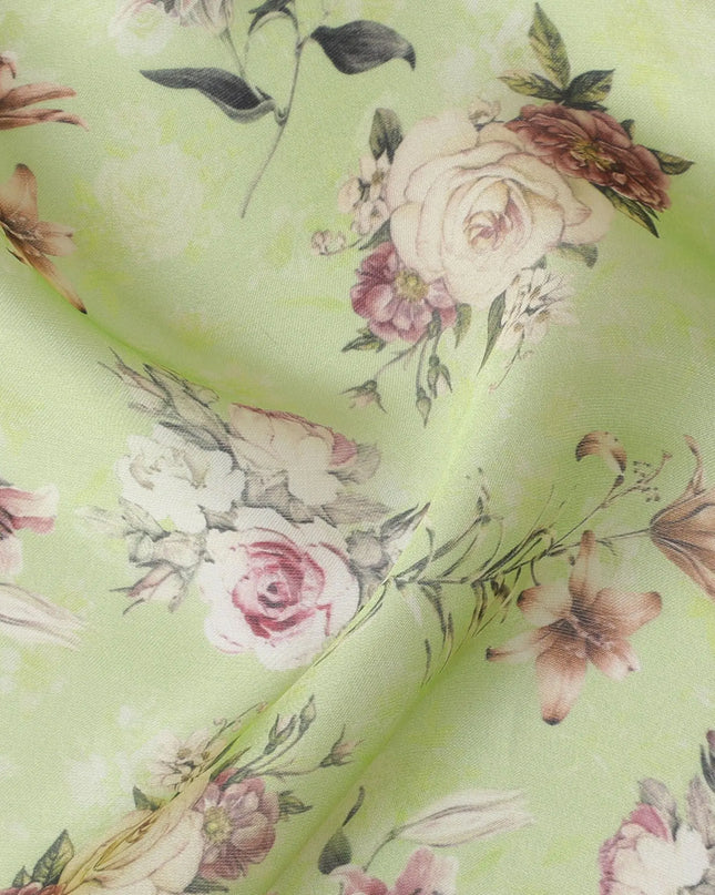Mint green synthetic organza fabric with multicolor print in floral design-D16755 Regal Fabrics
