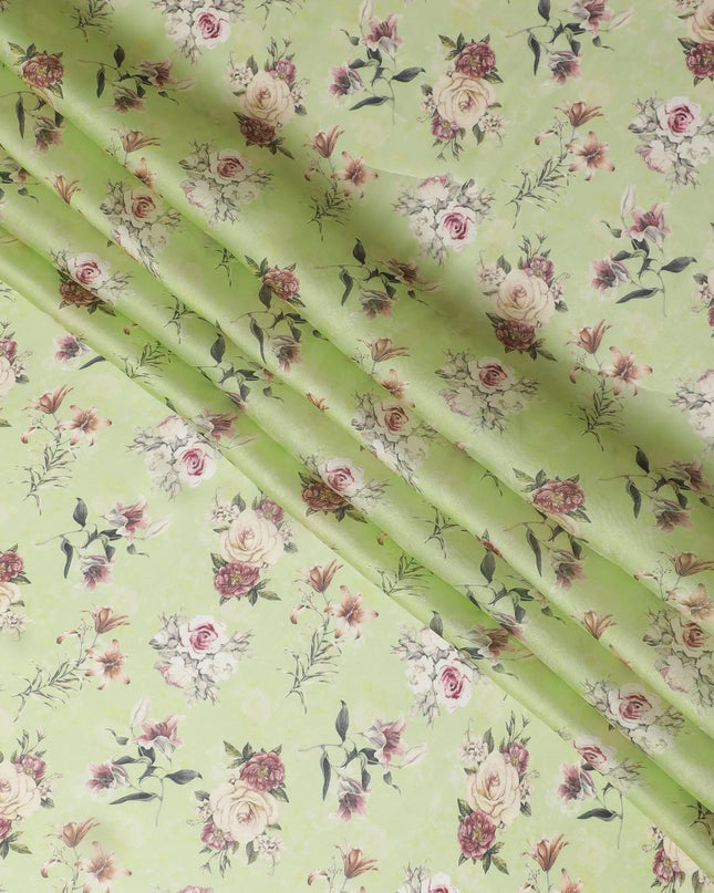 Mint green synthetic organza fabric with multicolor print in floral design-D16755 Regal Fabrics
