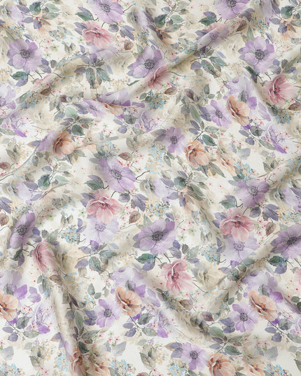 Cream synthetic organza fabric with multicolor print in floral design-D16760