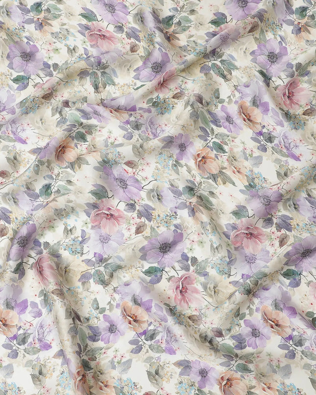 Cream synthetic organza fabric with multicolor print in floral design-D16760 Regal Fabrics