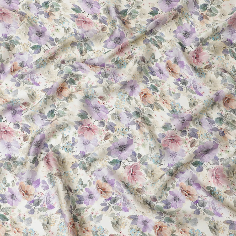 Cream synthetic organza fabric with multicolor print in floral design-D16760 Regal Fabrics
