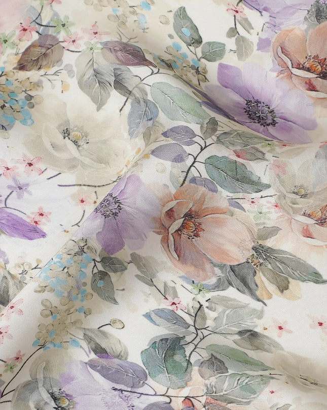 Cream synthetic organza fabric with multicolor print in floral design-D16760 Regal Fabrics