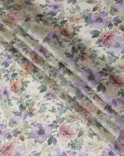 Cream synthetic organza fabric with multicolor print in floral design-D16760