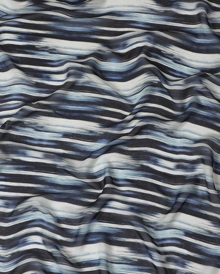 Blue Premium pure silk chiffon with pearl grey and black print in stripe design-D16986