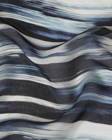 شيفون من الحرير الخالص باللون الأزرق مع طباعة باللون الرمادي اللؤلؤي والأسود بتصميم مخطط - D16986