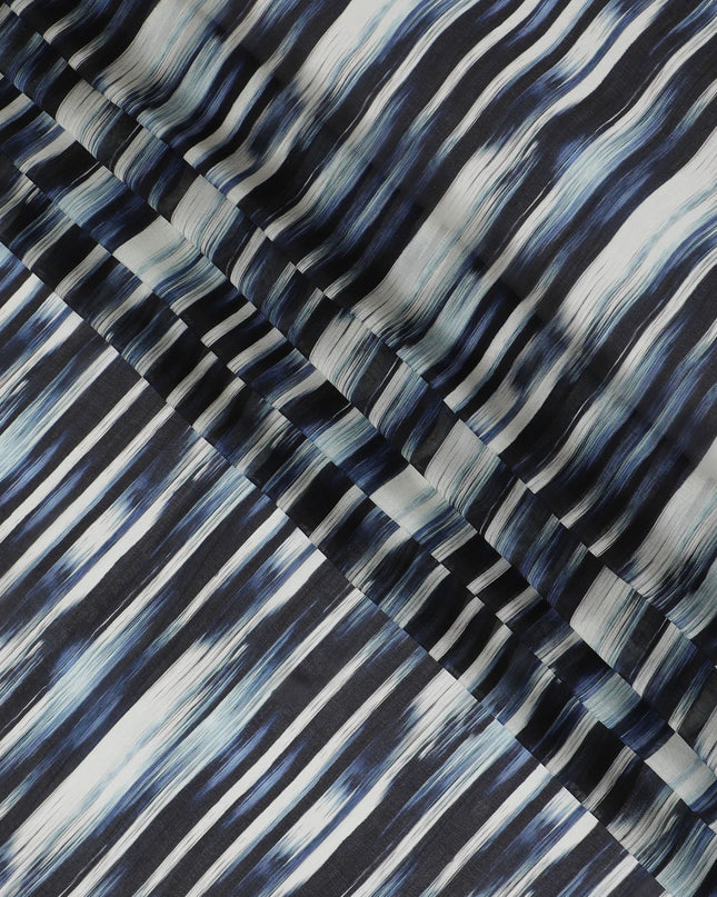 شيفون من الحرير الخالص باللون الأزرق مع طباعة باللون الرمادي اللؤلؤي والأسود بتصميم مخطط - D16986