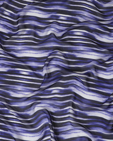 قماش شيفون حريري نقي فاخر باللون الأزرق الملكي مع طباعة رمادية وسوداء بتصميم مخطط-D16987