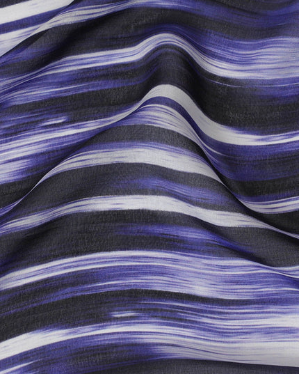 قماش شيفون حريري نقي فاخر باللون الأزرق الملكي مع طباعة رمادية وسوداء بتصميم مخطط-D16987