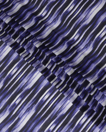 قماش شيفون حريري نقي فاخر باللون الأزرق الملكي مع طباعة رمادية وسوداء بتصميم مخطط-D16987