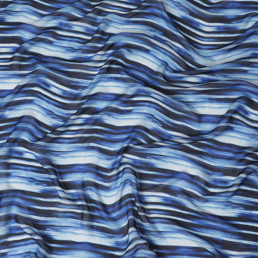 Blue Premium pure silk chiffon with pearl grey and black print in stripe design-D16988