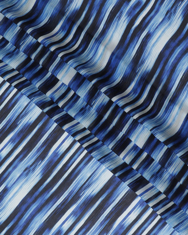 Blue Premium pure silk chiffon with pearl grey and black print in stripe design-D16988