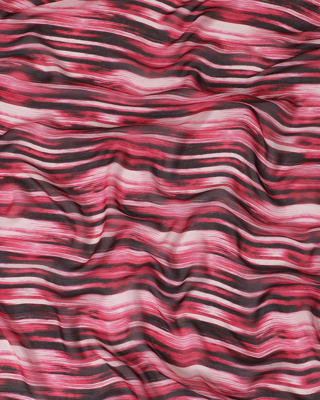 Hot pink Premium pure silk chiffon with pearl grey and black print in stripe design-D16991