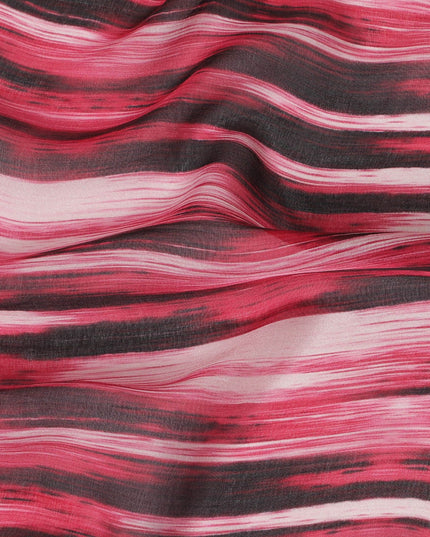 Hot pink Premium pure silk chiffon with pearl grey and black print in stripe design-D16991