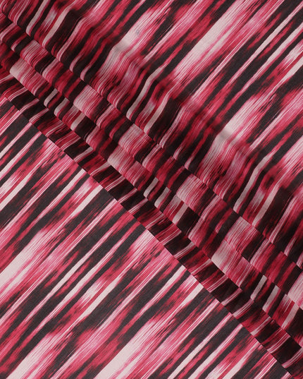 شيفون من الحرير الخالص باللون الوردي الساخن مع طباعة باللون الرمادي اللؤلؤي والأسود بتصميم مخطط - D16991