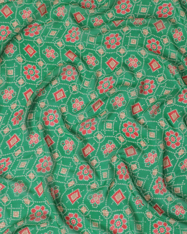 قماش شيفون من الحرير الخالص باللون الأخضر مع طباعة متعددة الألوان بتصميم الأزهار-D16992