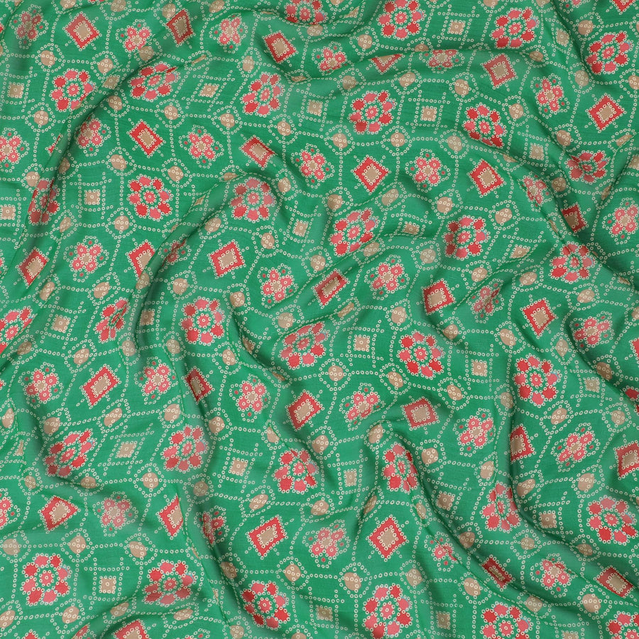 قماش شيفون من الحرير الخالص باللون الأخضر مع طباعة متعددة الألوان بتصميم الأزهار-D16992