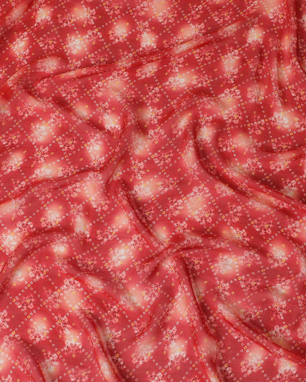 Crimson red Premium pure silk chiffon fabric with multicolor print in floral design-D16995
