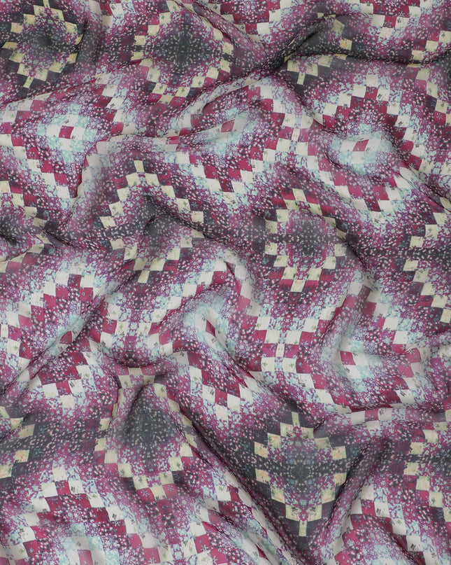 قماش شيفون من الحرير الخالص الفاخر باللون الوردي الأرجواني مع طباعة متعددة الألوان بتصميم الأزهار-D16997