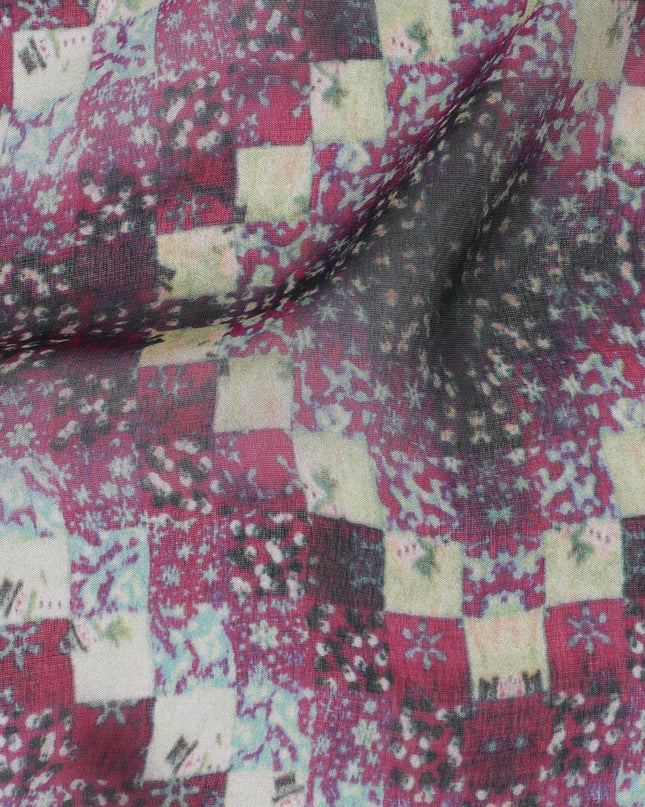 قماش شيفون من الحرير الخالص الفاخر باللون الوردي الأرجواني مع طباعة متعددة الألوان بتصميم الأزهار-D16997