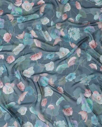 قماش شيفون حريري نقي التجاعيد ممتاز باللون الأزرق البترولي مع طباعة متعددة الألوان بتصميم الأزهار-D16998