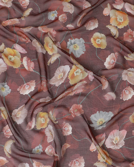 قماش الشيفون الحريري النقي الفاخر المارون مع طباعة متعددة الألوان بتصميم الأزهار-D16999