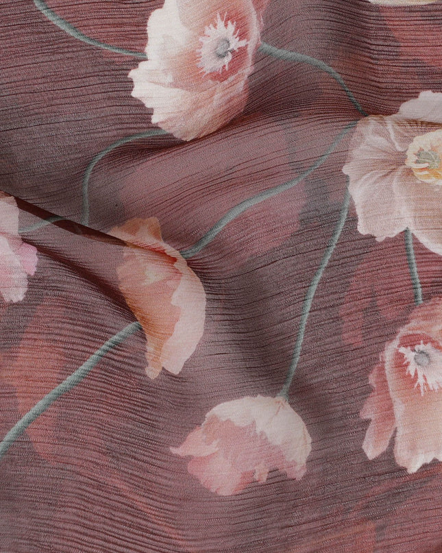 قماش الشيفون الحريري النقي الفاخر المارون مع طباعة متعددة الألوان بتصميم الأزهار-D16999