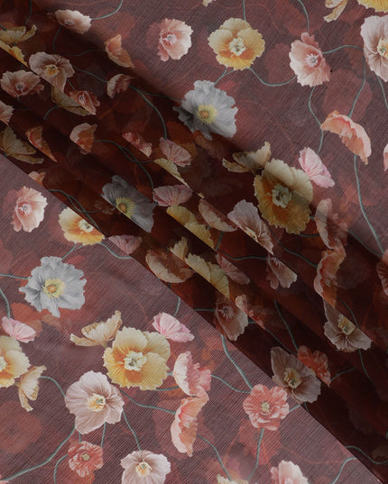 Maroon Premium pure wrinkle silk chiffon fabric with multicolor print in floral design-D16999