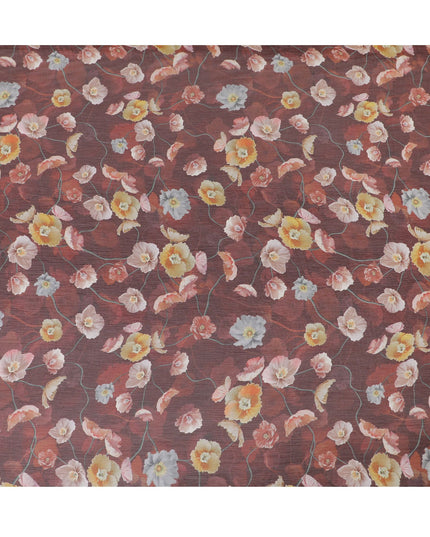 Maroon Premium pure wrinkle silk chiffon fabric with multicolor print in floral design-D16999