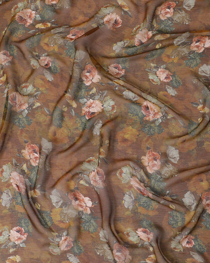 Mustard Premium pure wrinkle silk chiffon fabric with multicolor print in floral design-D17000