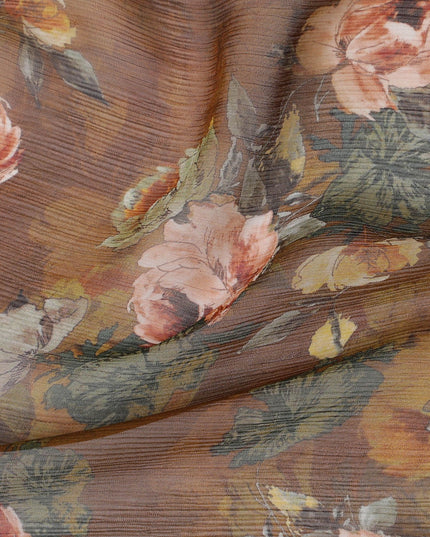 قماش شيفون حريري فاخر من الخردل مع طباعة متعددة الألوان بتصميم الأزهار-D17000