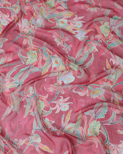 قماش شيفون حريري نقي فاخر وردي أرجواني مع طباعة متعددة الألوان بتصميم زهور-D17001