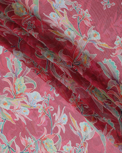 Magenta pink Premium pure wrinkle silk chiffon fabric with multicolor print in floral design-D17001