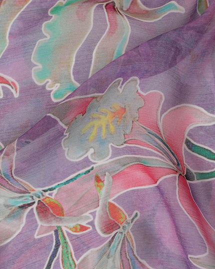 Lavender Premium pure wrinkle silk chiffon fabric with multicolor print in floral design-D17002