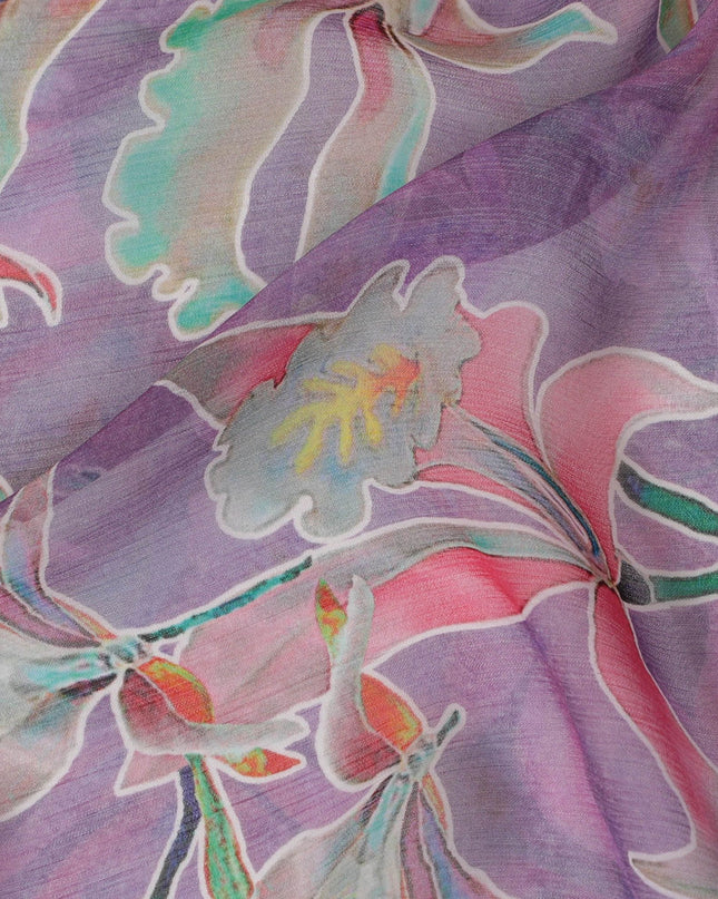 قماش الشيفون الحريري الخالص ذو التجاعيد الخزامى مع طباعة متعددة الألوان بتصميم الأزهار-D17002