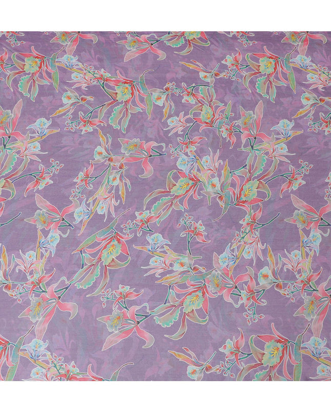قماش الشيفون الحريري الخالص ذو التجاعيد الخزامى مع طباعة متعددة الألوان بتصميم الأزهار-D17002